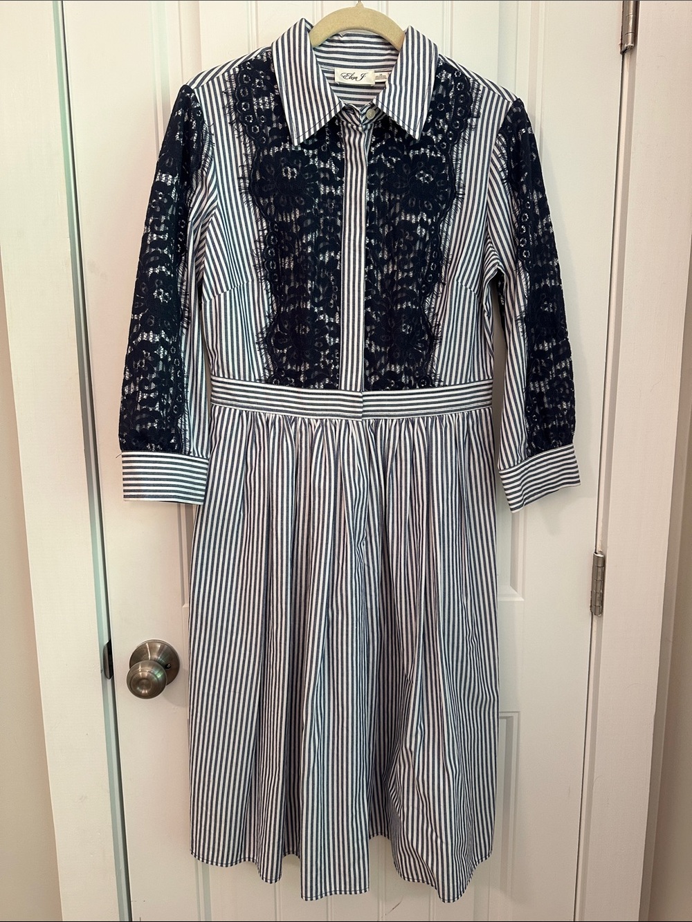 Eliza J Navy and White Striped Lace-Panel Collared Dress